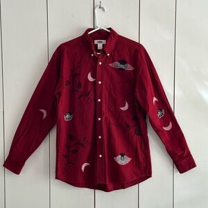 Rare Designs Old Hadley Cemetery Block Print Button-Up Shirt Sz S Burgundy Red